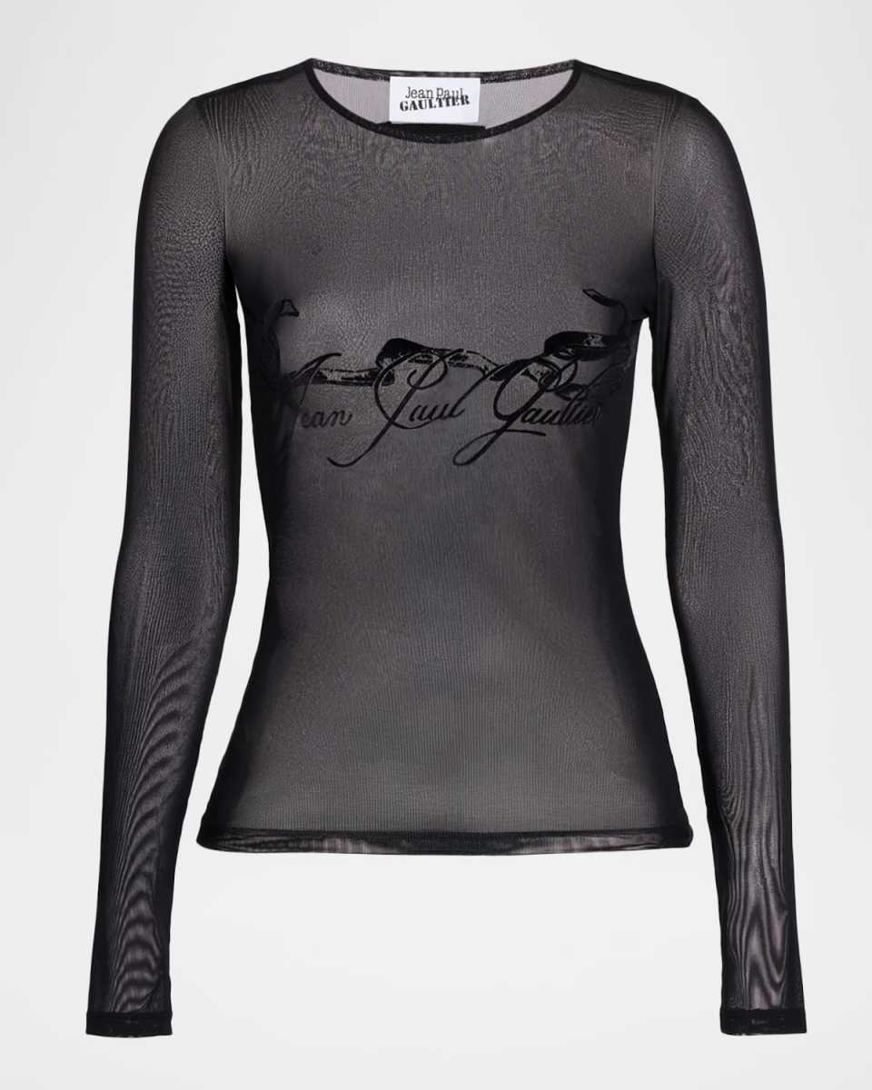 Flocked Tattoo Logo Mesh Long-Sleeve Top